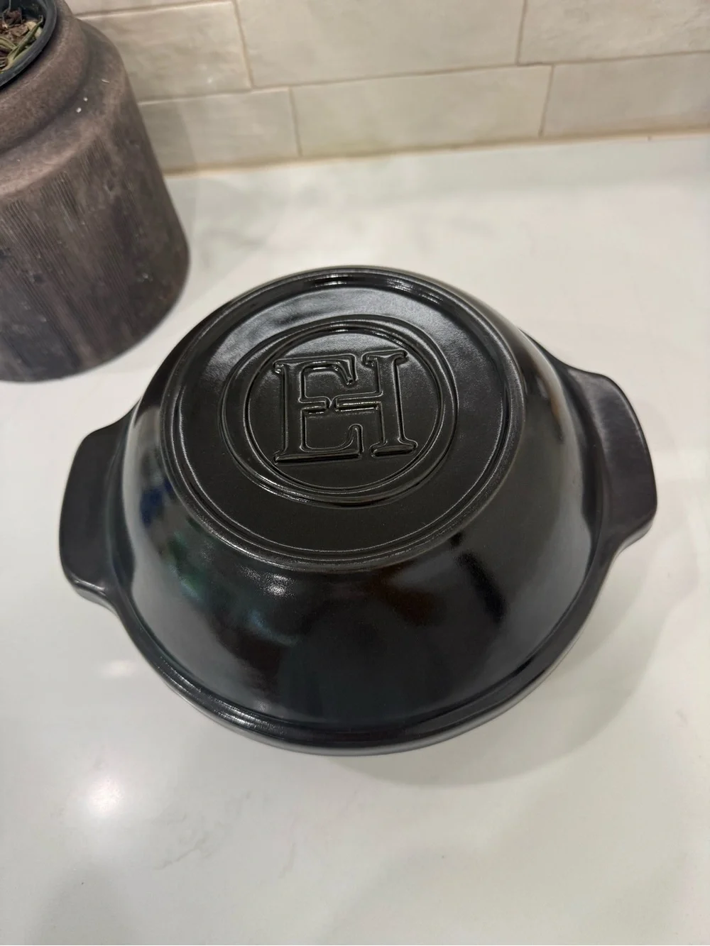 Emile Henry Bread Potato Pot Charcoal Ceramic Baker Covered Dutch Oven France